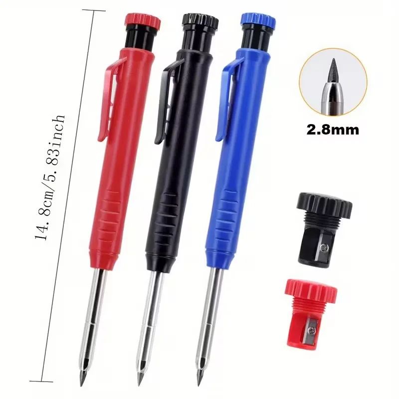 3Colors Refill 2.8mm Solid Carpenter Pencil Set Mechanical Pencil Cap Carpentry Marking Scriber Construction Woodworking Tools