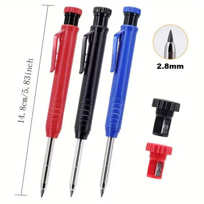 3Colors Refill 2.8mm Solid Carpenter Pencil Set Mechanical Pencil Cap Carpentry Marking Scriber Construction Woodworking Tools