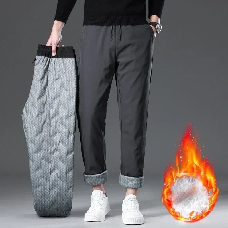 Calça Masculina de Inverno de Pena de Ganso Cintura Elástica Roupa Externa Calça de Pena Casual À Prova de Frio Nova Calça Reta Quente e Engrossada de Inverno
