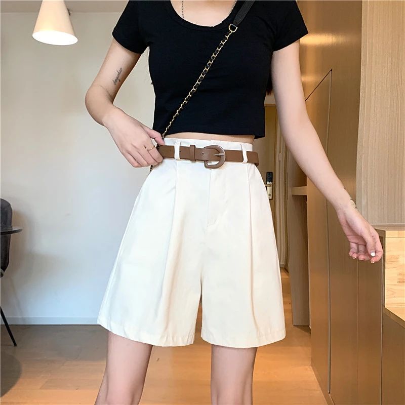 Workwear Shorts for Women High Waist Summer Wide-leg Shorts Belt Khaki Casual Cotton Korean Fashion Solid Pocket Womens Shorts