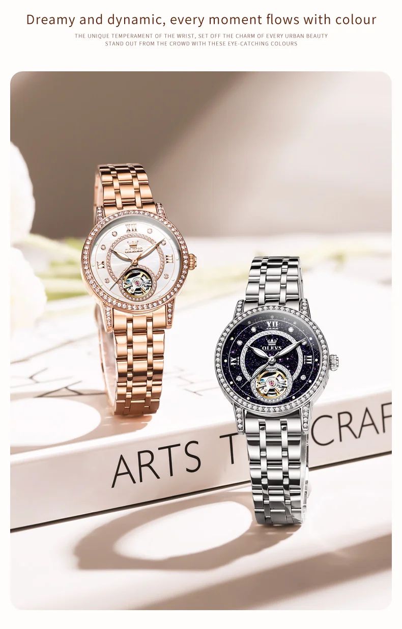 OLEVS Hollow Women's Watch Fully Automatic Mechanical Watch Luxury Diamond Inlaid Starry Sky Elegant Women's Brand Watch  7036