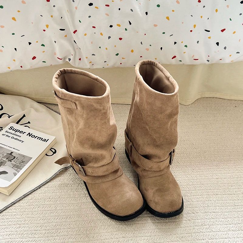 Vintage Thick Heel Women Western Cowboy Boots Fashion Belt Buckle Slip On Shoes Ladies Pleated Short Booties Autumn Winter