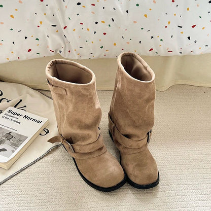 Vintage Thick Heel Women Western Cowboy Boots Fashion Belt Buckle Slip On Shoes Ladies Pleated Short Booties Autumn Winter