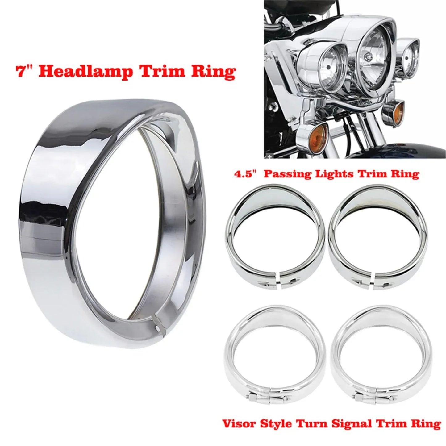 Anel de Acabamento Cromado do Farol de 7'' para Motocicleta + Capa de Luz de Neblina de 4,5'' + Anel de Acabamento do Sinal de Direção Estilo Viseira para Harley Touring FLH Softail