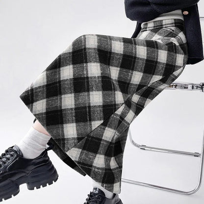 2025 Autumn Vintage Woolen Plaid Skirts Lady Elegant High Waist Slimming A-Line Skirt Women Korean Streetwear Slit Long Skirt