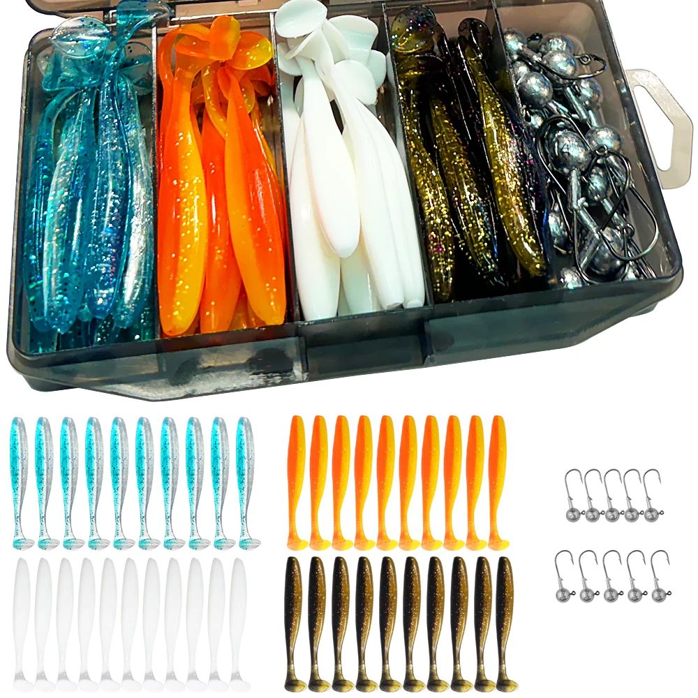 50 unidades/Caixa Isca Artificial Jig de Metal 5.5cm 7cm 10cm Isca Macia 3g 5g 7g 10g 14g Anzol Jigging Head Caixa de Pesca Pesca Swimbait Kit Isca de Fundo