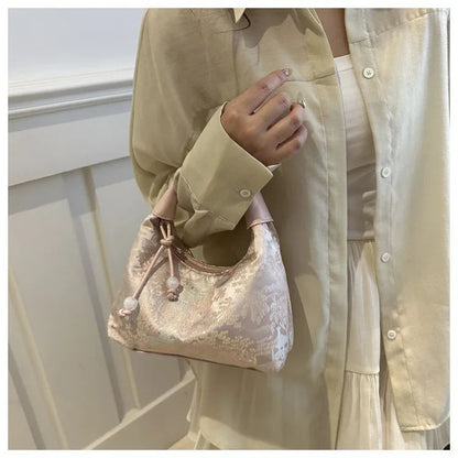 Sweet Embroidery Shoulder Bag Nylon Texture Pearl Pendant Crossbody Bag Small Bucket Handbag Women Canvas Luxury Cheongsam Bag
