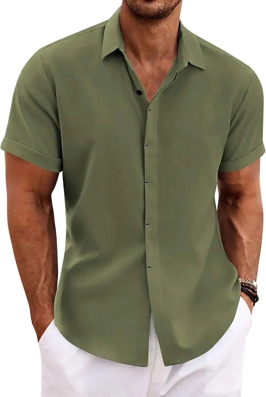 Men's Fashion Casual Solid Color Shirt Pullover Button Linen Cotton Comfortable Daily Top Short Sleeve Shirt Beach Summer Shirt