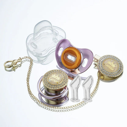 Miyocar Bling Custom Pink Brave Lion Pacifiers Bring 3 Replacement Silicone Teat Include All Size for Boy Girl Baby Shower Gift