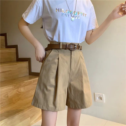 Workwear Shorts for Women High Waist Summer Wide-leg Shorts Belt Khaki Casual Cotton Korean Fashion Solid Pocket Womens Shorts