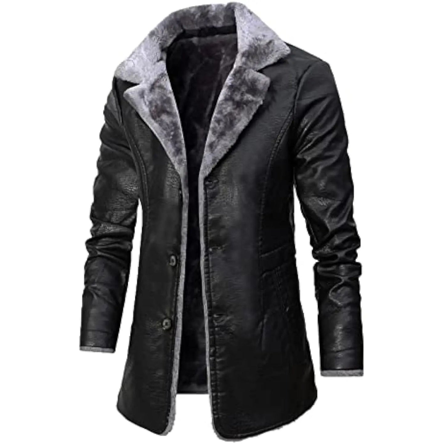 Men's Winter Faux Leather Casual Windbreak High Quality Coat Fur Lined Button Trench Coats Men's Down Lapel Collar Jackets