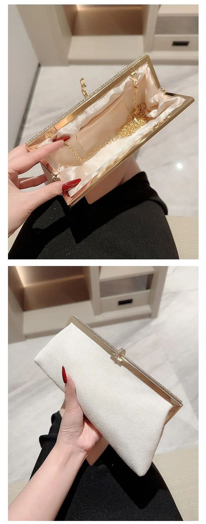 Women Retro Black Velvet Evening Clutch Bag Glitter Rhinestone Buckle Banquet Party Ladies Handbag Purse with Chain