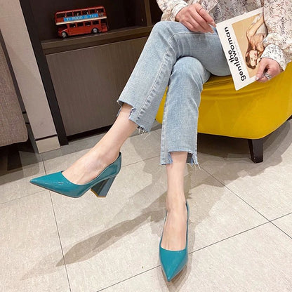 Women Shoes Patent Leather Slip-On Chunky Heels High Heels Women Temperament Pointed Toe Shallow Sexy Wedding Shoes Pumps