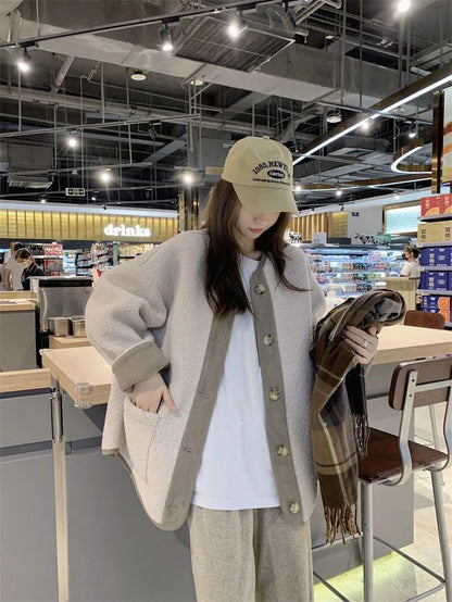 2024 Winter New Women's Lamb Wool Jacket Petite Loose-Fit Thickened Integrated Deer Skin Fleece Medium-Length Korean Style