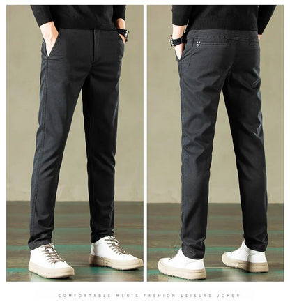 2024 Primavera Novas Calças Casuais Masculinas Marca de Roupas Negócios Cintura Elástica Grossa Clássica Slim Calça Masculina Preto Cinza Marrom