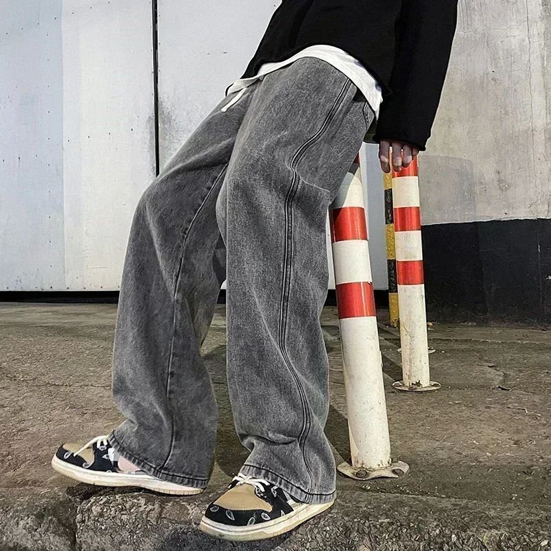 2025 New Korean Men's Casual Long Jeans Classic Man Straight Denim Wide-leg Pants Gyms Solid Color Light Blue Grey Black M-3XL