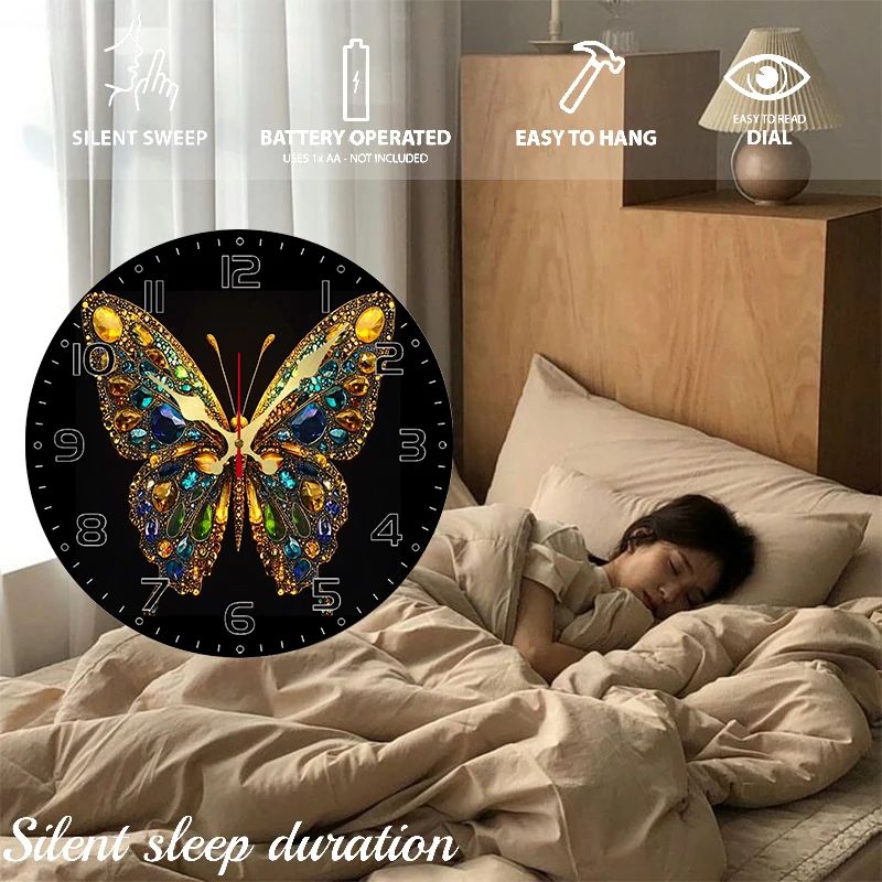 Shiny Butterfly Wooden Round Silent Hanging Wall Clock, Suitable For Living Room, Office, Study Room, Bedroom, Home Decoration