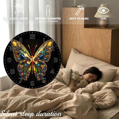Shiny Butterfly Wooden Round Silent Hanging Wall Clock, Suitable For Living Room, Office, Study Room, Bedroom, Home Decoration