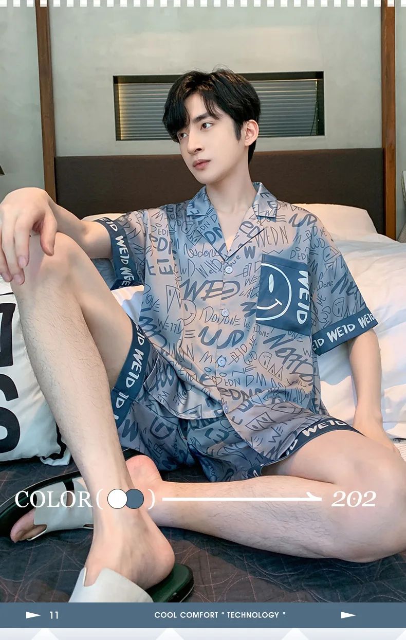 Large Size Men‘s Pajamas Set Ice Silk Cartoon Bear Short-Sleeved Student Two-Piece Button Tops and Pants Youth Student Sleepwear