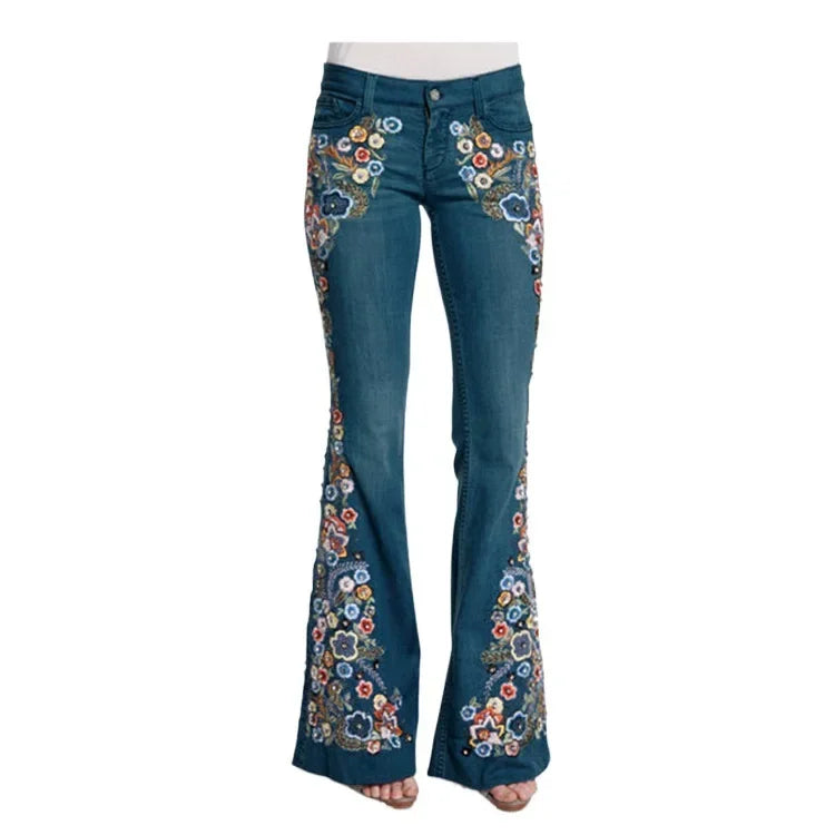 Slimming Women's Denim Jeans Embroidered Washed Bell Bottoms Mid Waist Jeans Chinese Manufacturer Wholesale Retail