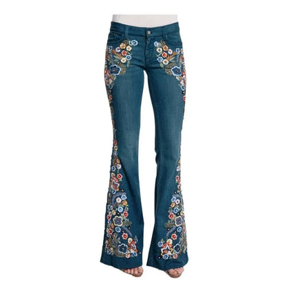 Slimming Women's Denim Jeans Embroidered Washed Bell Bottoms Mid Waist Jeans Chinese Manufacturer Wholesale Retail