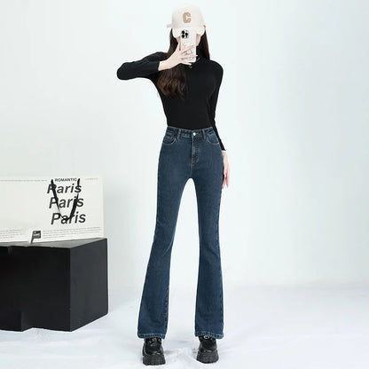 Winter Female Thin Snow Warm Plush Jeans Lady Chic Fleece Flared Pants Girls Korean High Waist Straight Leg Denim Trousers