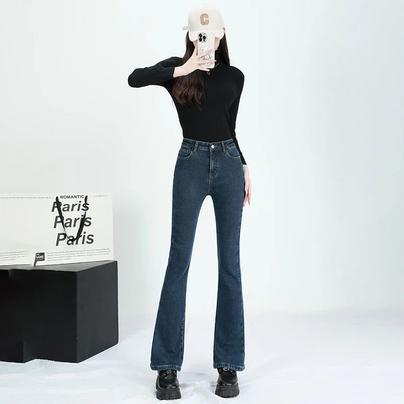 Winter Female Thin Snow Warm Plush Jeans Lady Chic Fleece Flared Pants Girls Korean High Waist Straight Leg Denim Trousers