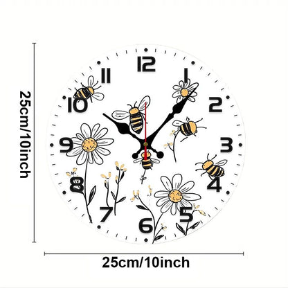 Bee And Daisy Wooden Round Silent Hanging Wall Clock, Suitable For Living Room, Office, Study Room, Bedroom, Home Decoration