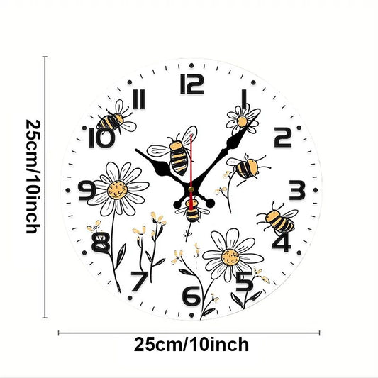Bee And Daisy Wooden Round Silent Hanging Wall Clock, Suitable For Living Room, Office, Study Room, Bedroom, Home Decoration