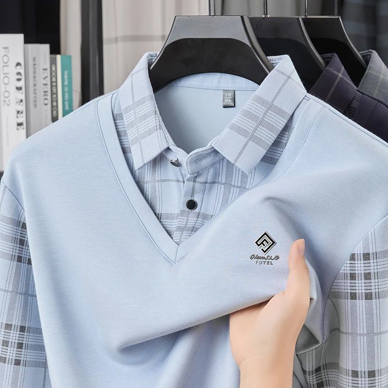 TFETTERS Business Men Polo Shirt 2025 Fashion Casual Slim Long Sleeve T Shirt Men Pullover Printed Plaid Shirts for Man Clothing