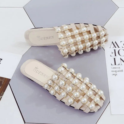 Women Fashion Casual Pearl Beaded Flat Studded  Mules Solid Color Pearl Sandals Casual Flat-heel Non-slip Flip Flops Lightweight