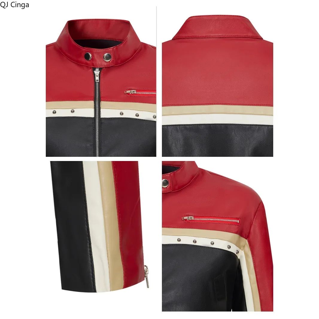 New Fall Women's Red Long-Sleeve Faux Leather Jacket, Short-Length Fashionable Biker PU Coat.