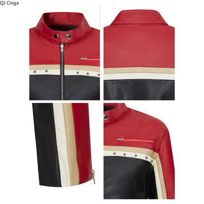 New Fall Women's Red Long-Sleeve Faux Leather Jacket, Short-Length Fashionable Biker PU Coat.