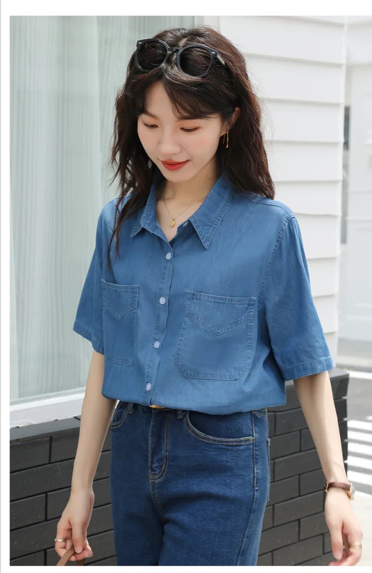 Vintageblueshort Sleeves Thin Denim Shirt 2024 Summer New Casual Loose-Fit Hong Kong Style Petite Top For Women