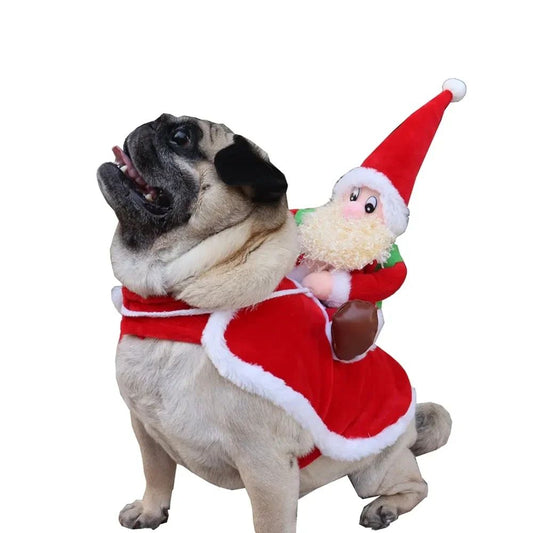 Fantasia de Natal Engraçada de Cachorro Papai Noel Montando em Cachorro de Estimação Gato Roupa de Feriado Roupas de Fantasia para o Halloween Natal