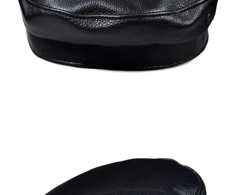 Chapéus Masculinos/Femininos de Inverno em Couro Genuíno Azul-Marinho Unissex Europeu/Americano Streetwear Bonés Pretos Ajustados com Cinto Outdoor Gorro
