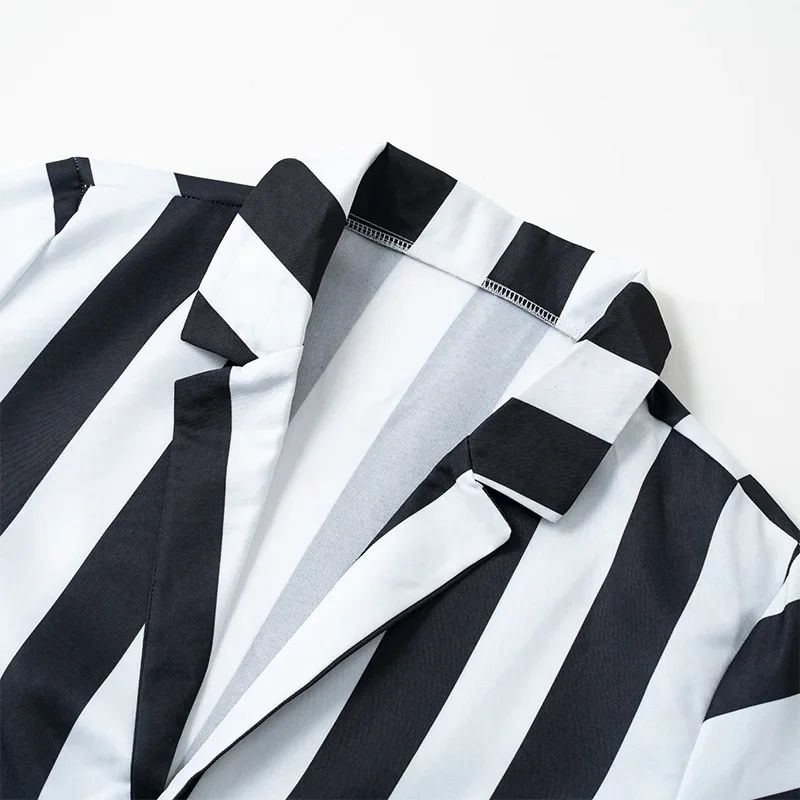 Miccosts Adult Kids Black and White Vertical Stripes Jacket Suit With Tie Halloween Infernal Master Cosplay Costume For Boy Men