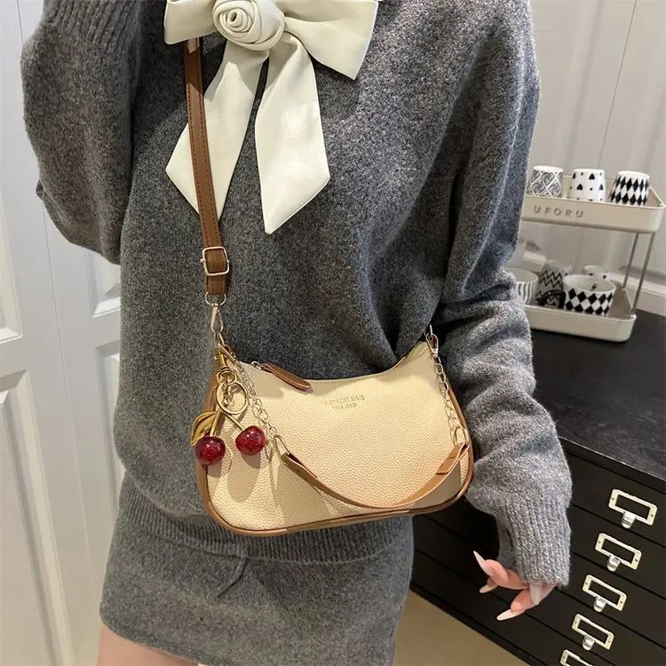 Cherry Pedant Shoulder Underarm Bag Women's Fashion Handbags Causal Hobos Purses Ladies Hand Bags Pu Leather for Work Travel