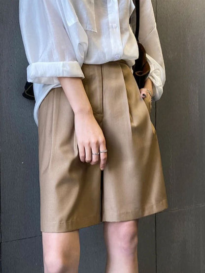 High Waist Wide Leg Suit Shorts for Women Spring Summer Button Straight Short Pants Office Lady Fashion Casual Womens Shorts