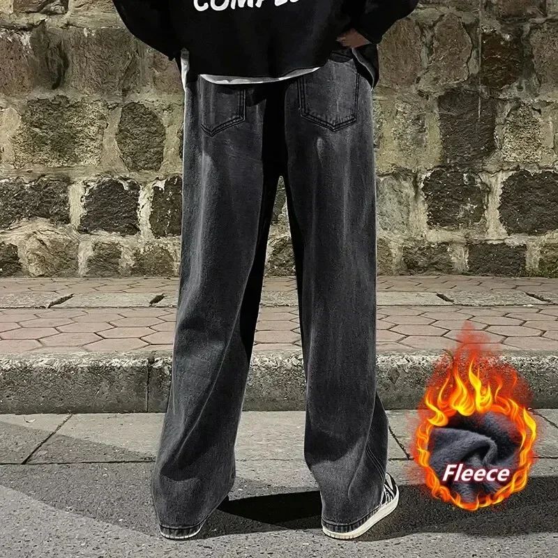 Calças jeans largas de inverno com forro polar, Calças largas retas de veludo, quentes e confortáveis, com elástico na cintura e pernas largas, marca de roupas masculinas