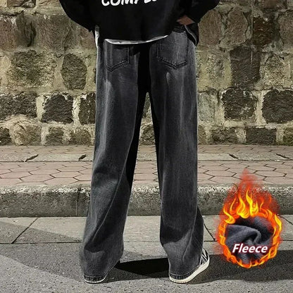 Calças jeans largas de inverno com forro polar, Calças largas retas de veludo, quentes e confortáveis, com elástico na cintura e pernas largas, marca de roupas masculinas