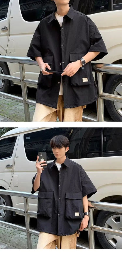 Men's Retro Large Pocket Cargo Shirt Jacket Coat Summer Loose Casual Short Sleeved Shirt For Men Y2k Japan Korea Streetwear