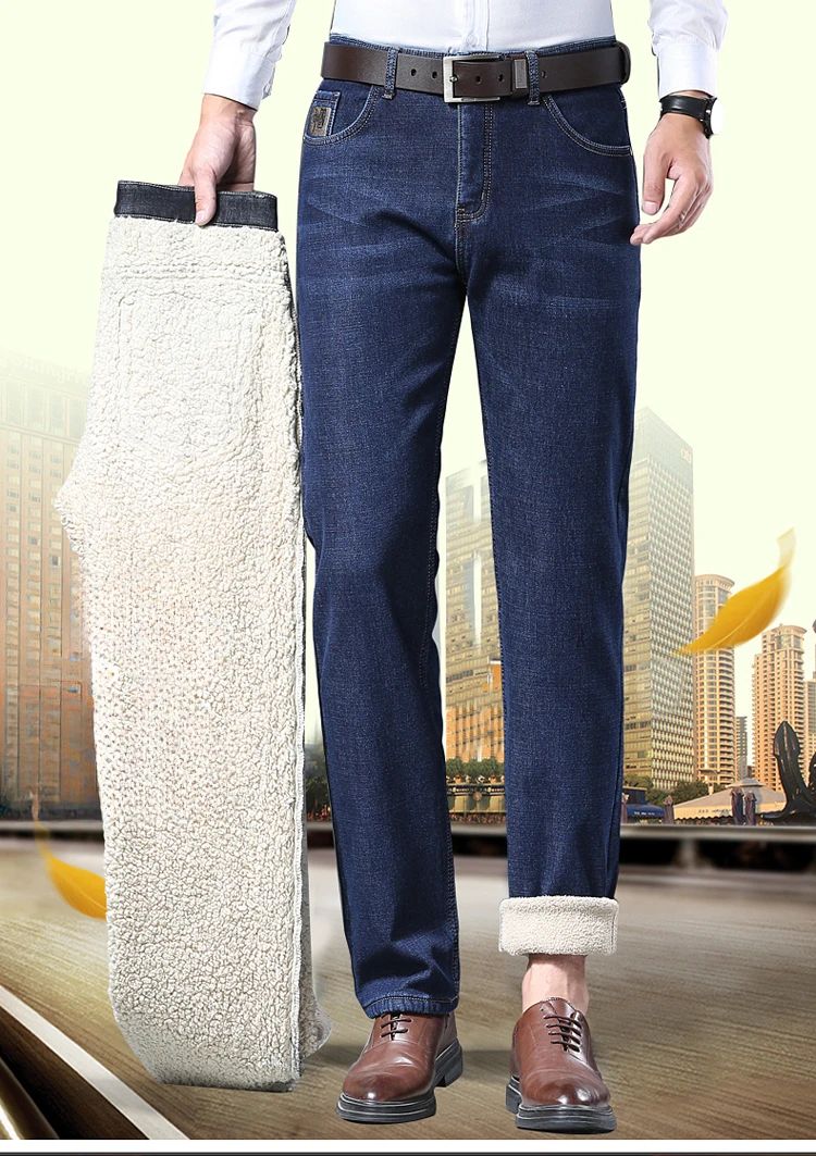 Calça Jeans Masculina de Lã Aveludada, Inverno, Forrada com Lã Grossa, Casual de Negócios, Reta, Jeans, Macia, Confortável, Térmica, Elástica, Calças Masculinas