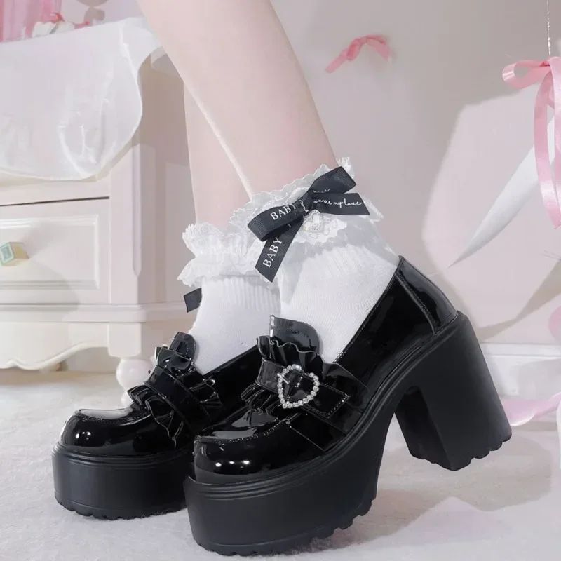 2025 Summer Sweet Bow Mary Janes: Women's Lolita Thick-soled Shoes, Block Heel, High Heel, Sweet-cool Style Leather Shoes