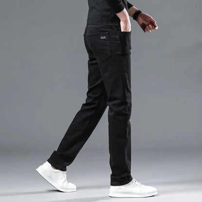 Calça Jeans Masculina Forrada de Lã para Inverno, Reta, Elástica, Preta, de Veludo Grosso, Quente, Casual, Masculina, Tamanhos Grandes