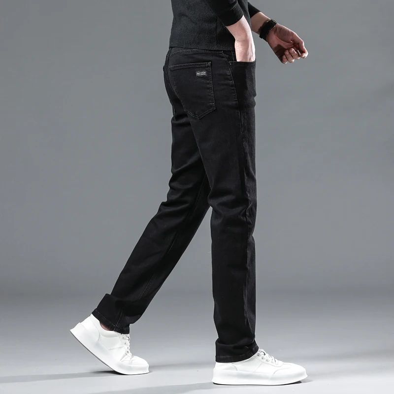 Calça Jeans Masculina Forrada de Lã para Inverno, Reta, Elástica, Preta, de Veludo Grosso, Quente, Casual, Masculina, Tamanhos Grandes