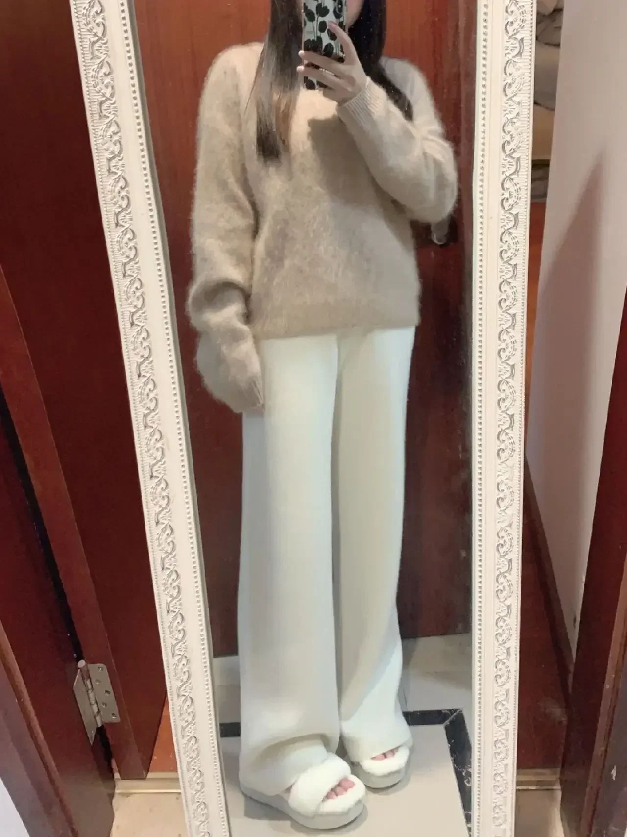 Autumn and Winter Temperament Wool High Waist Loose Wide Leg Pants Women's Cloud Casual Soft Waxy Wool Straight Trousers