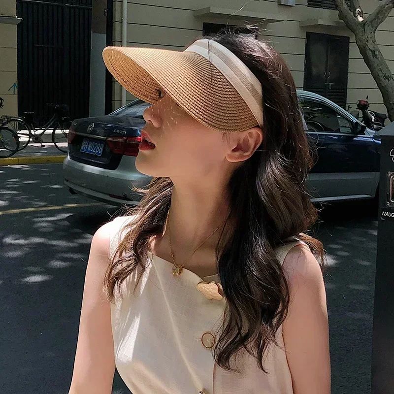 2025 New Summer Outdoor Visor Cap Casual Shade Hat Straw Wide Empty Top Sun Hat Anti Uv Female Large Brim Beach Sunhat Lady
