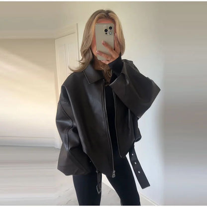 Vintage PU Leather Bomber Jackets 2025 Autumn New Ladies Zipper Lapel Long Sleeve Pocket Coat With Belt Women's Loose Streetwear