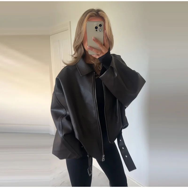 Vintage PU Leather Bomber Jackets 2025 Autumn New Ladies Zipper Lapel Long Sleeve Pocket Coat With Belt Women's Loose Streetwear